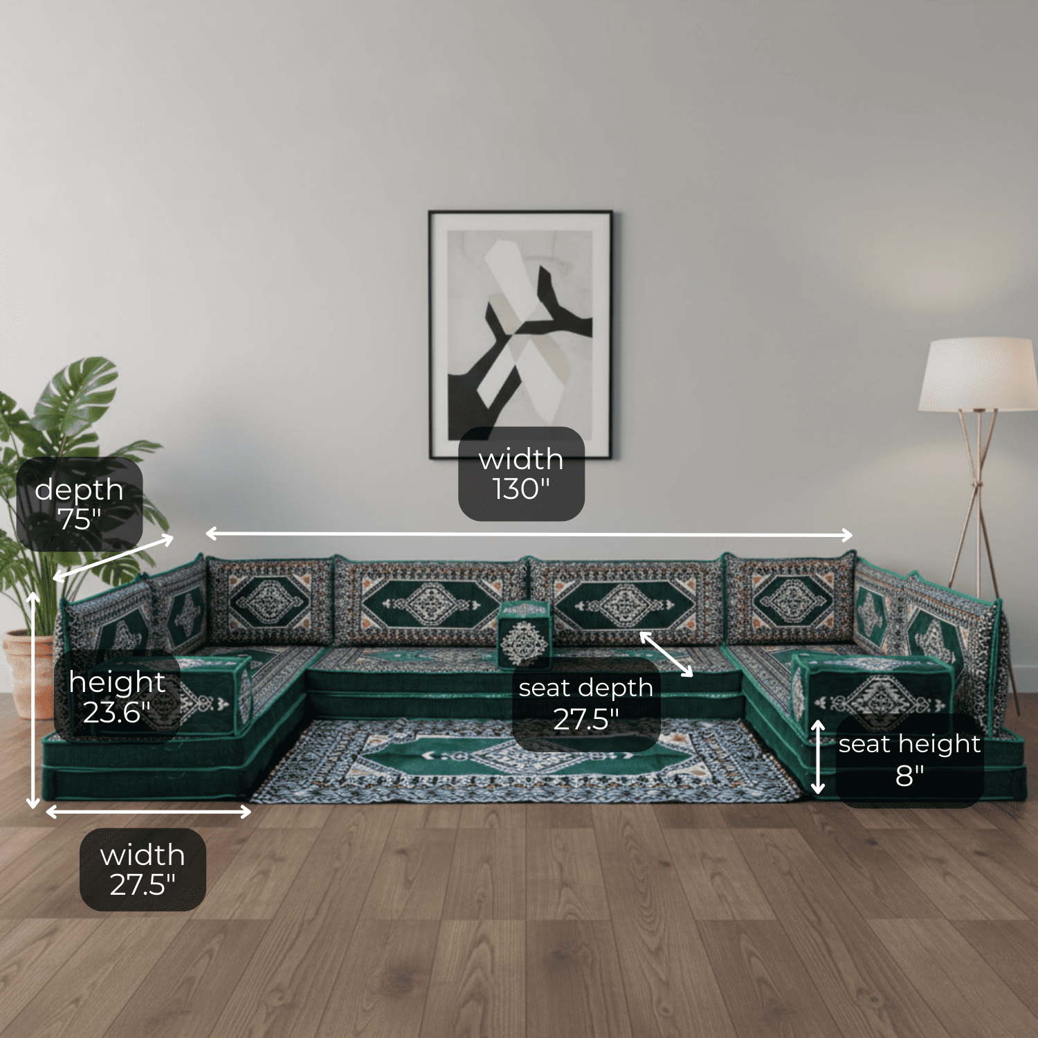 Arabic Floor Sofa Set – Green U Shaped Majlis Sectional with 8 Inch Cushions