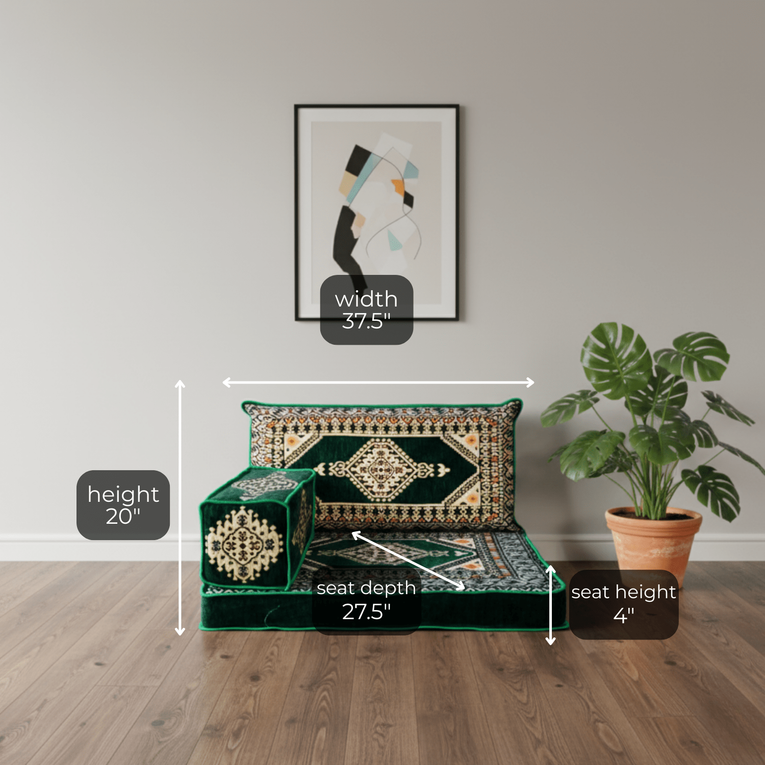 Arabic Half Loveseat Sofa – Green Half Loveseat with 4 and 8 Inch Cushion Options