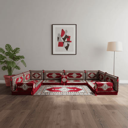 Arabic Floor Sofa Set – Maroon U Shaped Majlis Sectional with 4 Inch Cushions