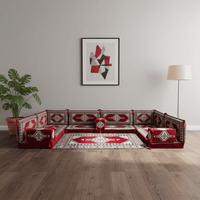 Arabic Floor Sofa Set – Maroon U Shaped Majlis Sectional with 4 Inch Cushions
