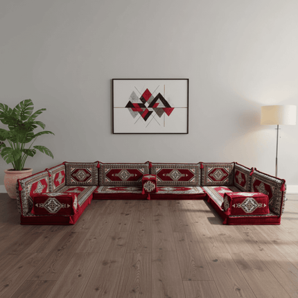Arabic Floor Sofa Set – Maroon U Shaped Majlis Sectional with 4 Inch Cushions