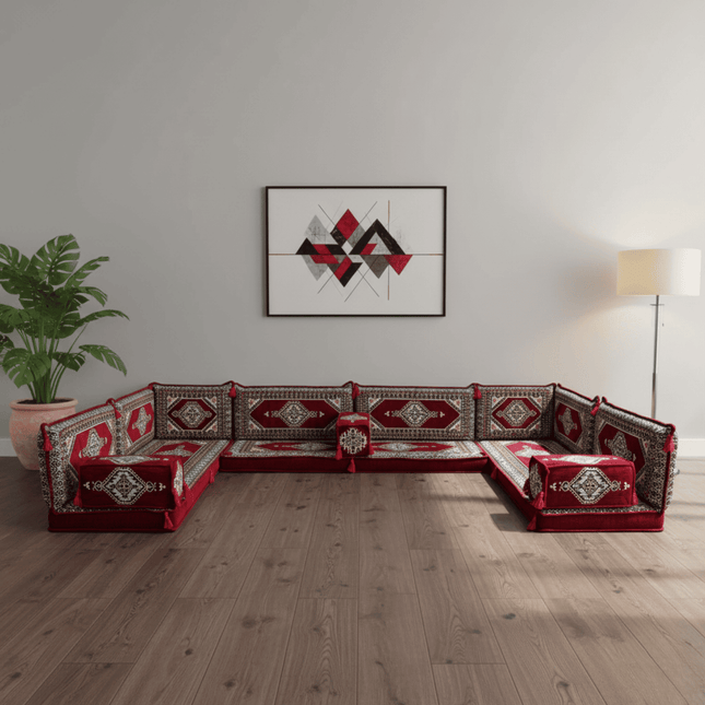 Arabic Floor Sofa Set – Maroon U Shaped Majlis Sectional with 4 Inch Cushions