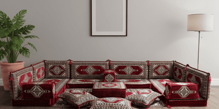 Arabic Floor Sofa Set – Maroon U Shaped Majlis Sectional with 4 Inch Cushions