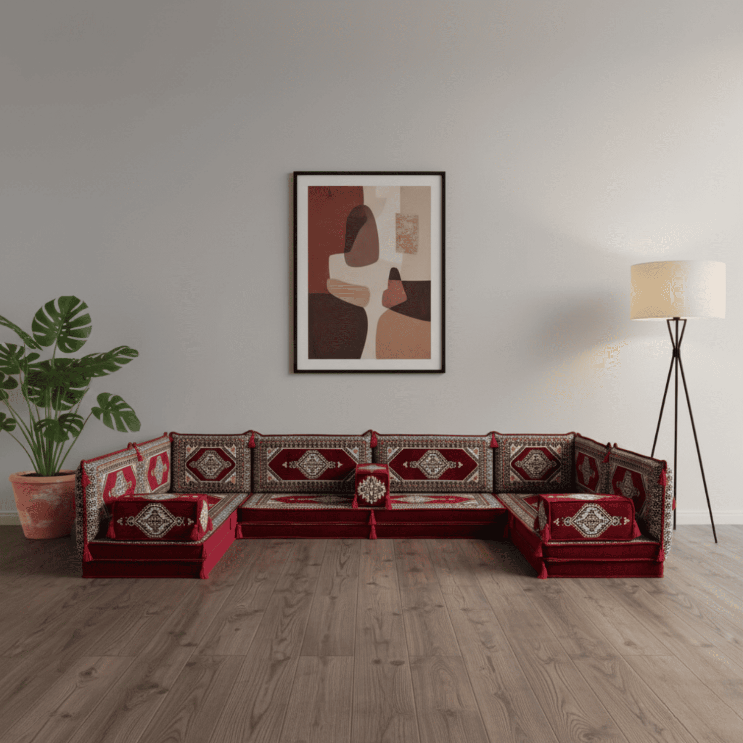 Arabic Floor Sofa Set – Maroon U Shaped Majlis Sectional with 8 Inch Cushions