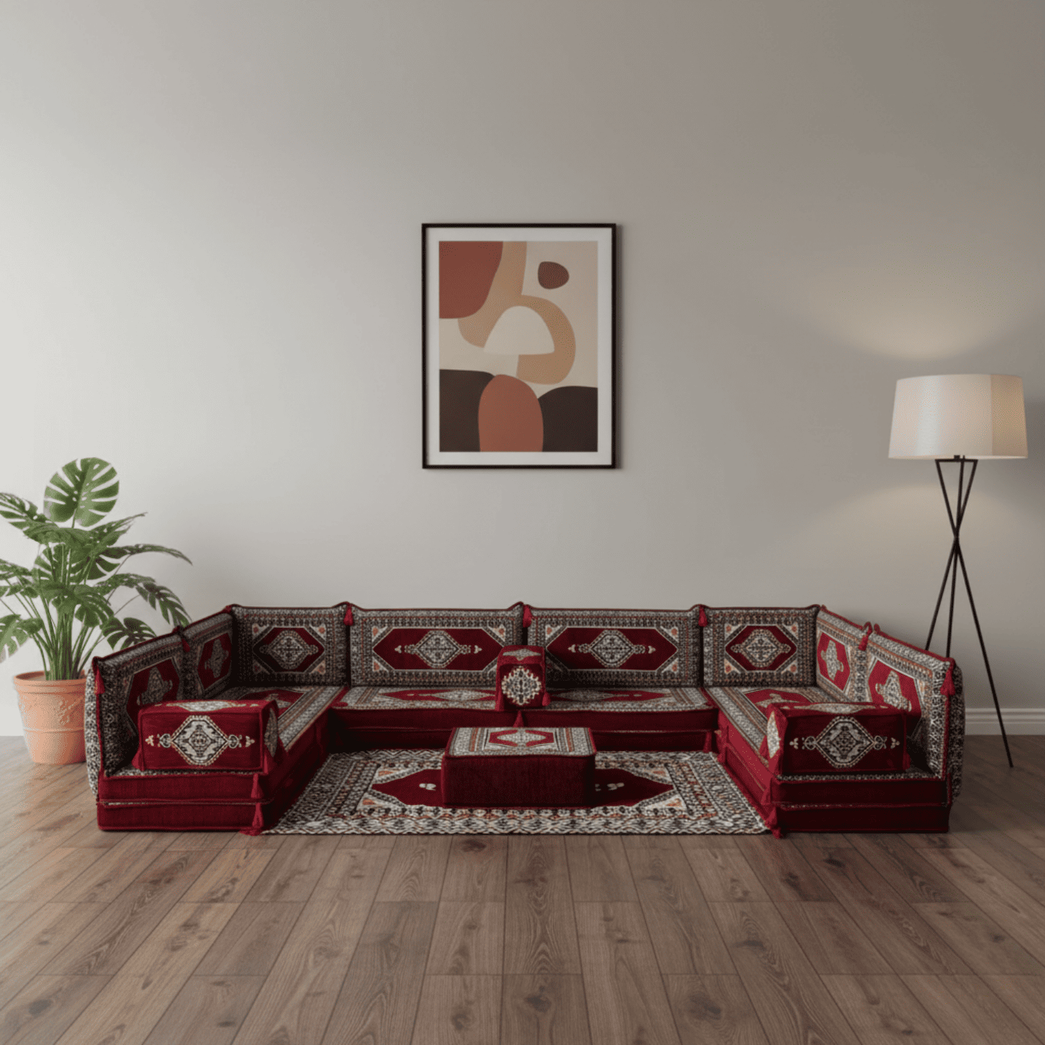 Arabic Floor Sofa Set – Maroon U Shaped Majlis Sectional with 8 Inch Cushions