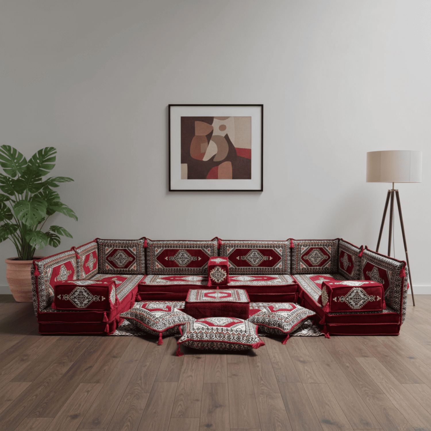 Arabic Floor Sofa Set – Maroon U Shaped Majlis Sectional with 8 Inch Cushions