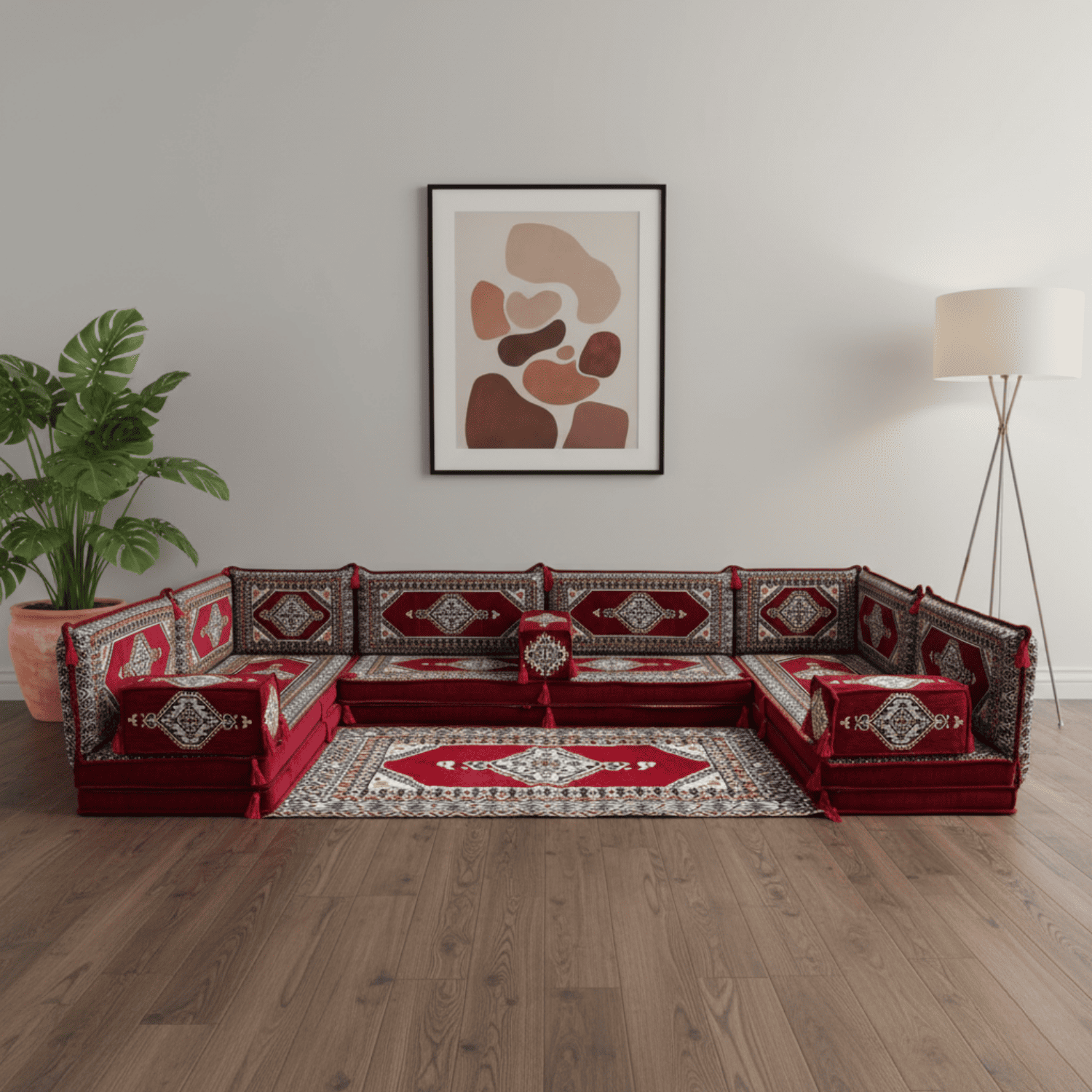 Arabic Floor Sofa Set – Maroon U Shaped Majlis Sectional with 8 Inch Cushions