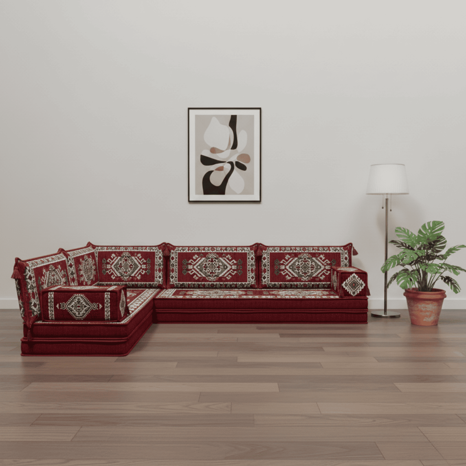 Arabic Floor Sofa Set – Maroon L Shaped Majlis Sectional with 8 Inch Cushions