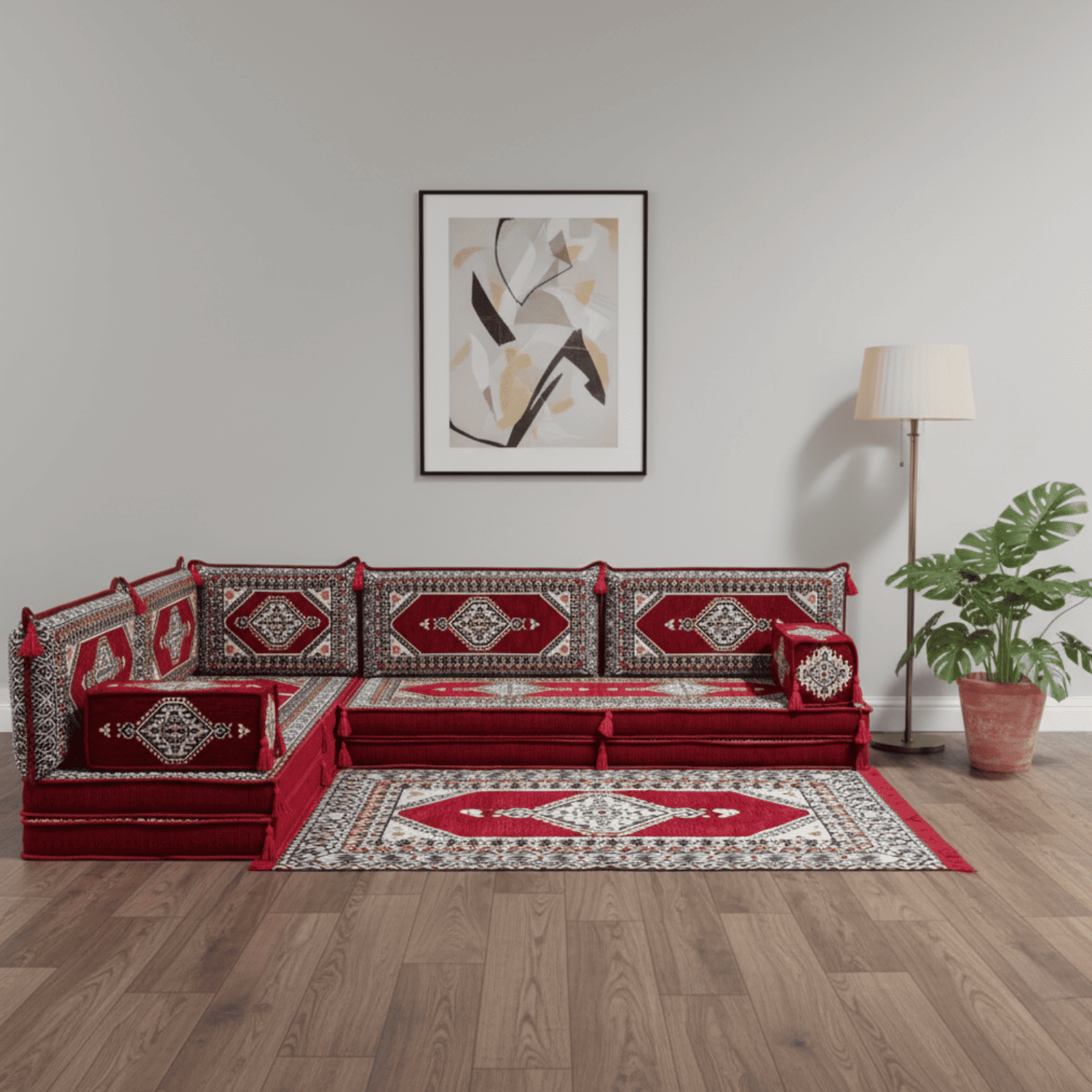 Arabic Floor Sofa Set – Maroon L Shaped Majlis Sectional with 8 Inch Cushions