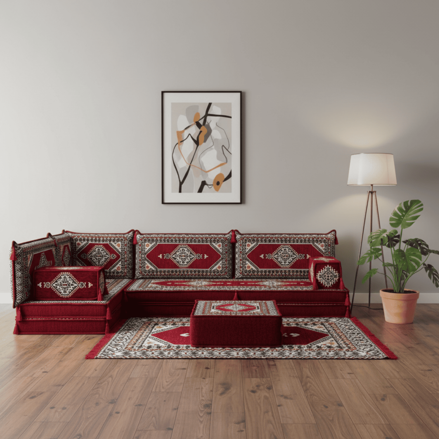 Arabic Floor Sofa Set – Maroon L Shaped Majlis Sectional with 8 Inch Cushions