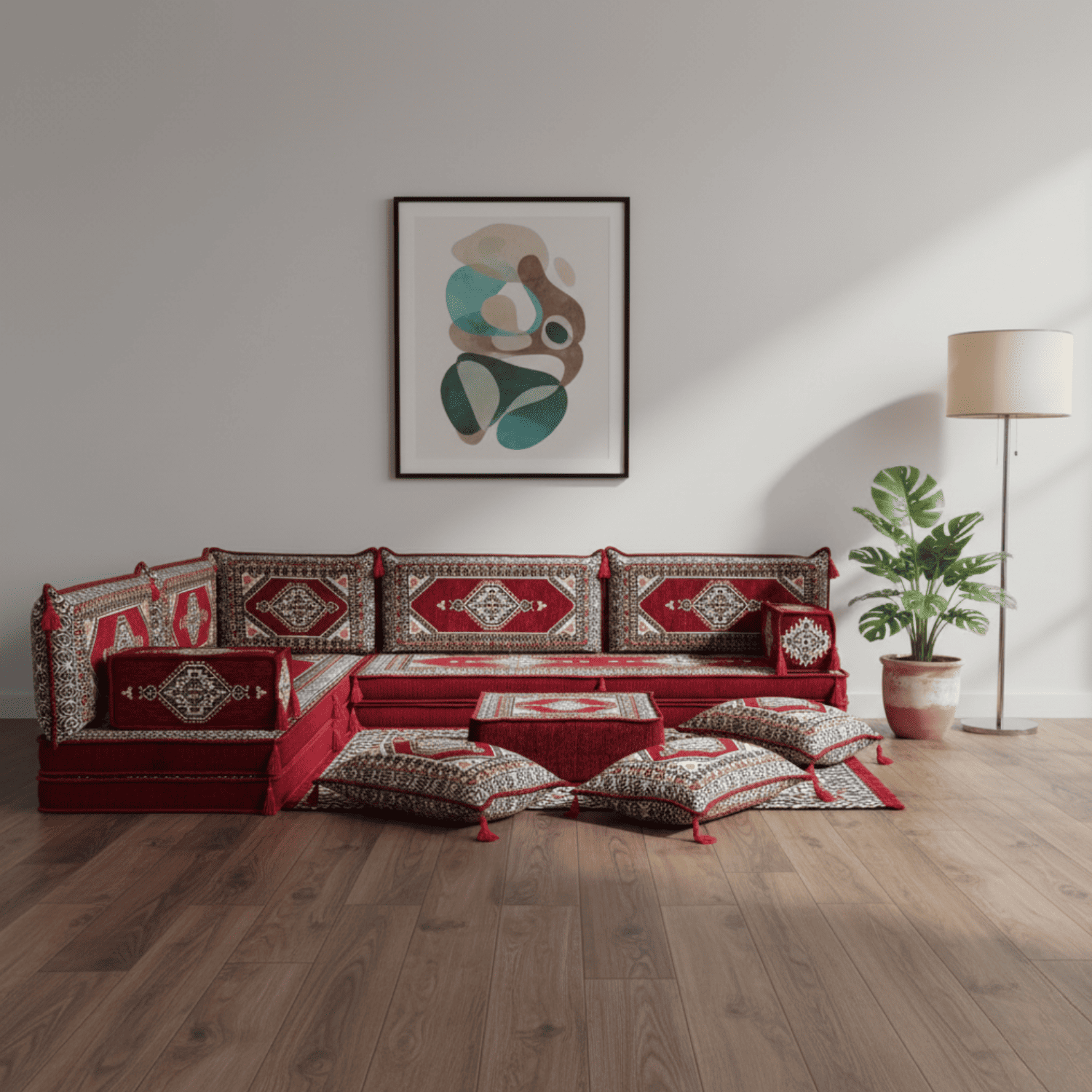 Arabic Floor Sofa Set – Maroon L Shaped Majlis Sectional with 8 Inch Cushions