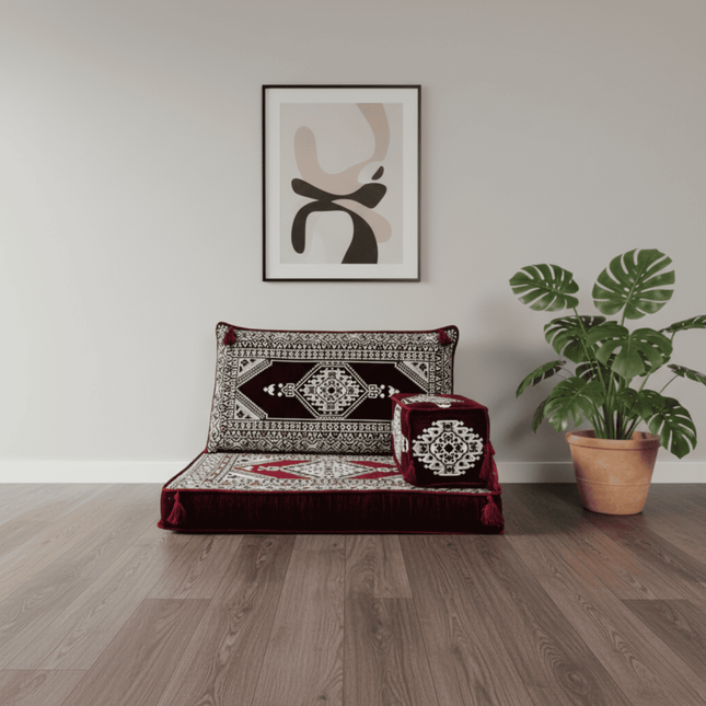 Arabic Half Loveseat Sofa – Maroon Half Loveseat with 4 and 8 Inch Cushion Options