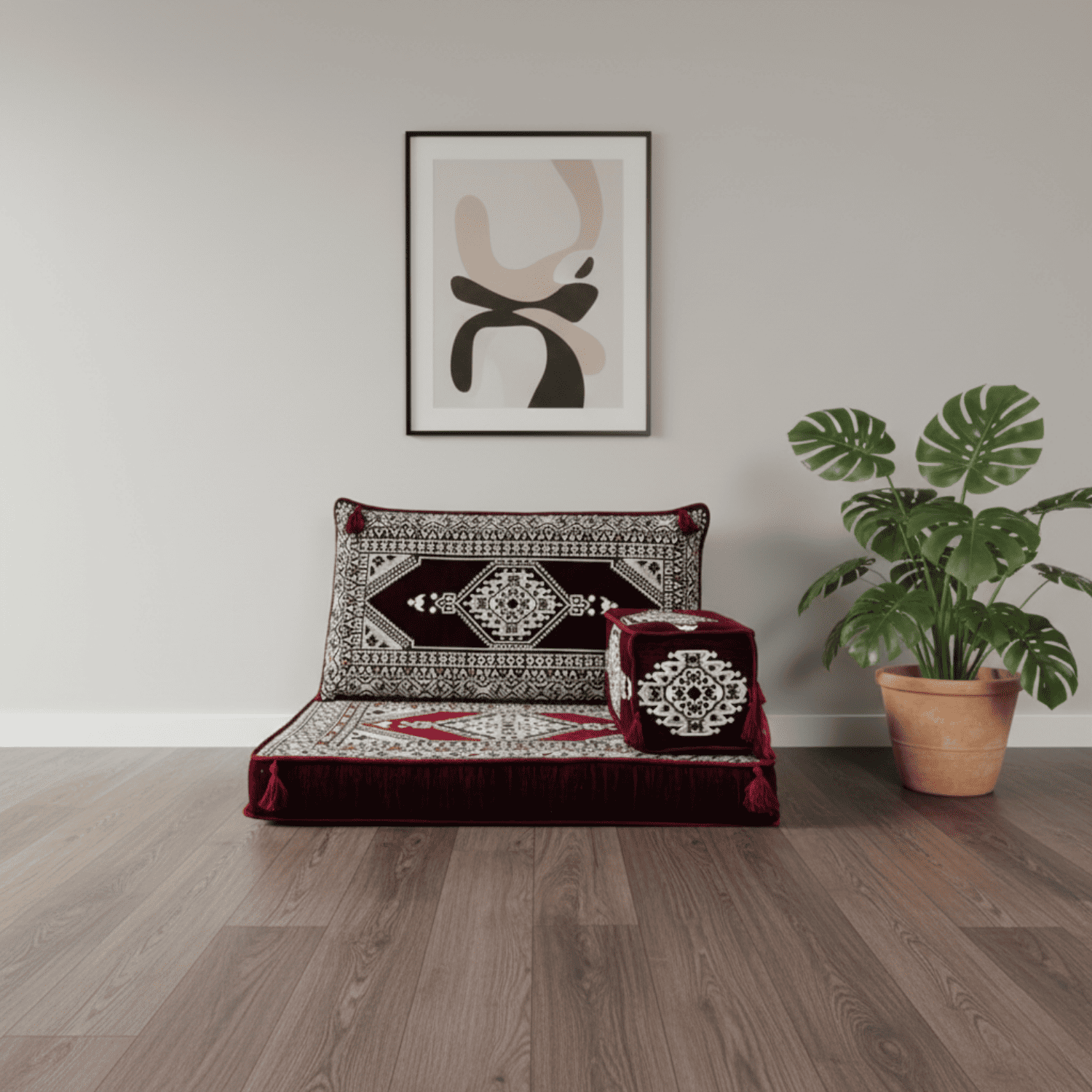 Arabic Half Loveseat Sofa – Maroon Half Loveseat with 4 and 8 Inch Cushion Options