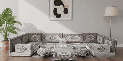 Arabic Floor Sofa Set – Gray U Shaped Majlis Sectional with 4 Inch Cushions