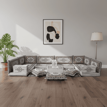 Arabic Floor Sofa Set – Gray U Shaped Majlis Sectional with 4 Inch Cushions