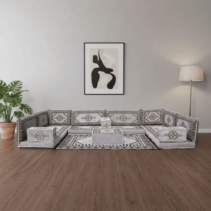 Arabic Floor Sofa Set – Gray U Shaped Majlis Sectional with 4 Inch Cushions