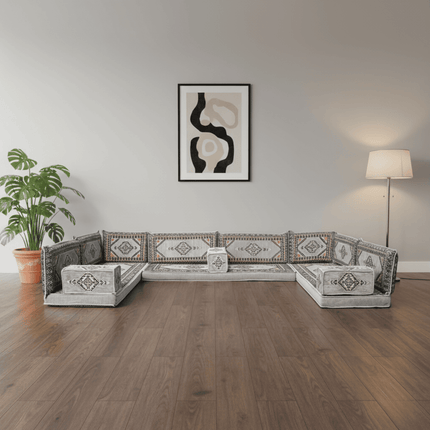 Arabic Floor Sofa Set – Gray U Shaped Majlis Sectional with 4 Inch Cushions