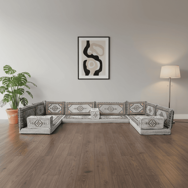 Arabic Floor Sofa Set – Gray U Shaped Majlis Sectional with 4 Inch Cushions