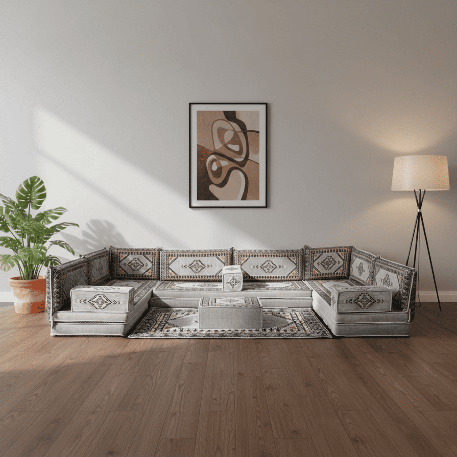 Arabic Floor Sofa Set – Gray U Shaped Majlis Sectional with 8 Inch Cushions