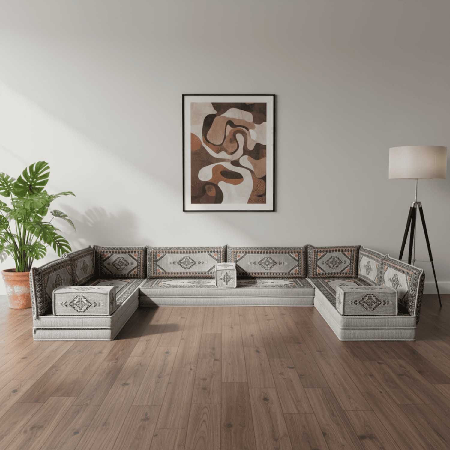Arabic Floor Sofa Set – Gray U Shaped Majlis Sectional with 8 Inch Cushions