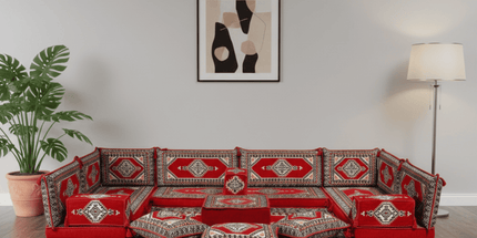 Arabic Floor Sofa Set – Red U Shaped Majlis Sectional with 4 Inch Cushions