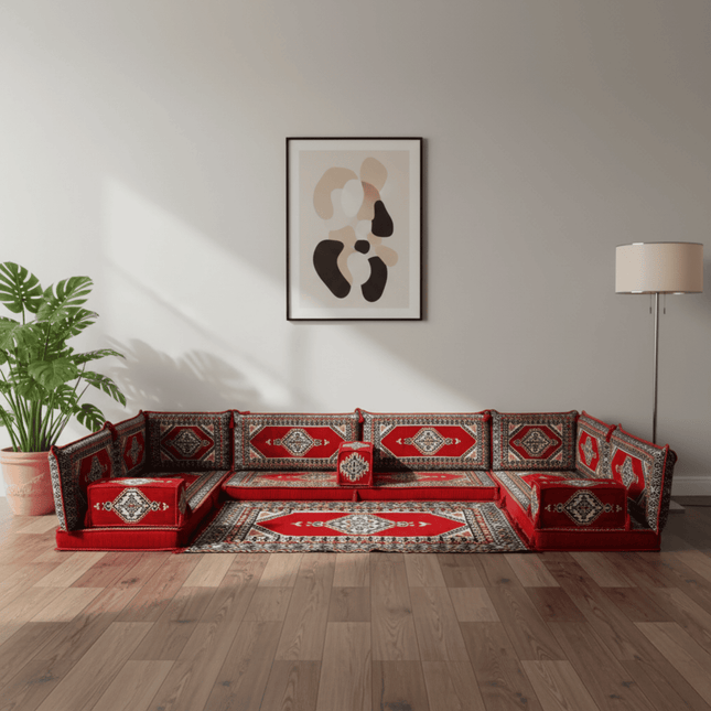 Arabic Floor Sofa Set – Red U Shaped Majlis Sectional with 4 Inch Cushions