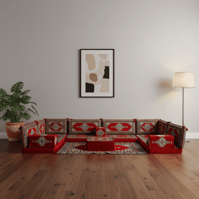 Arabic Floor Sofa Set – Red U Shaped Majlis Sectional with 4 Inch Cushions