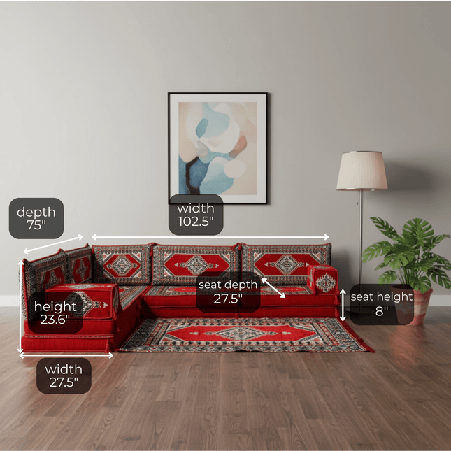 Arabic Floor Sofa Set – Red L Shaped Majlis Sectional with 8 Inch Cushions