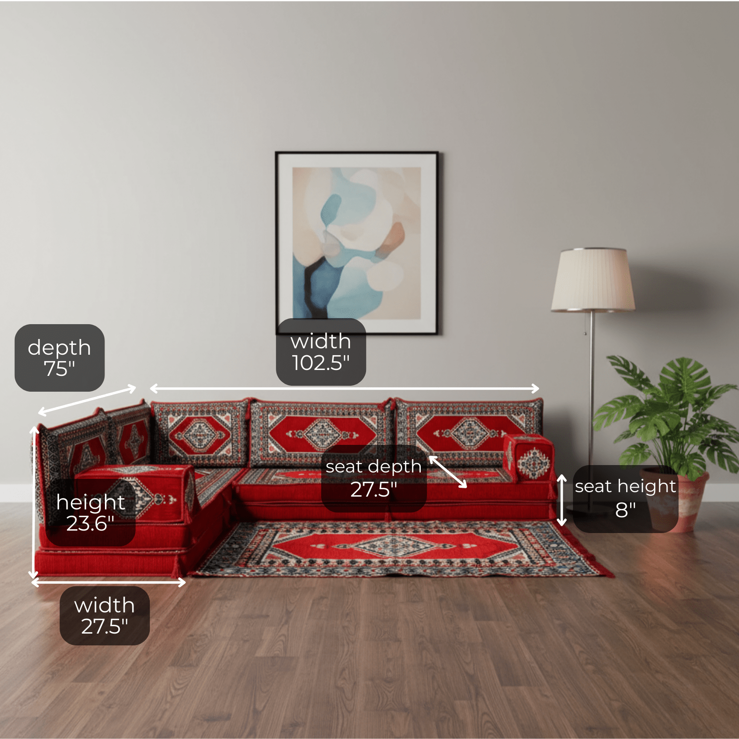 Arabic Floor Sofa Set – Red L Shaped Majlis Sectional with 8 Inch Cushions