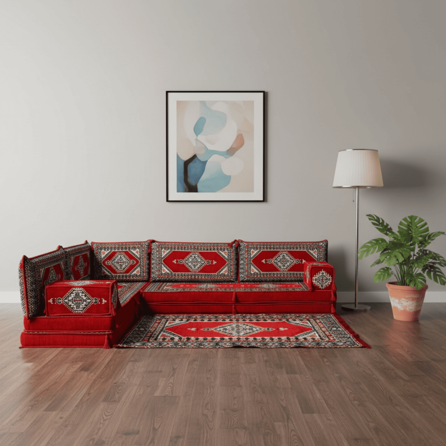 Arabic Floor Sofa Set – Red L Shaped Majlis Sectional with 8 Inch Cushions