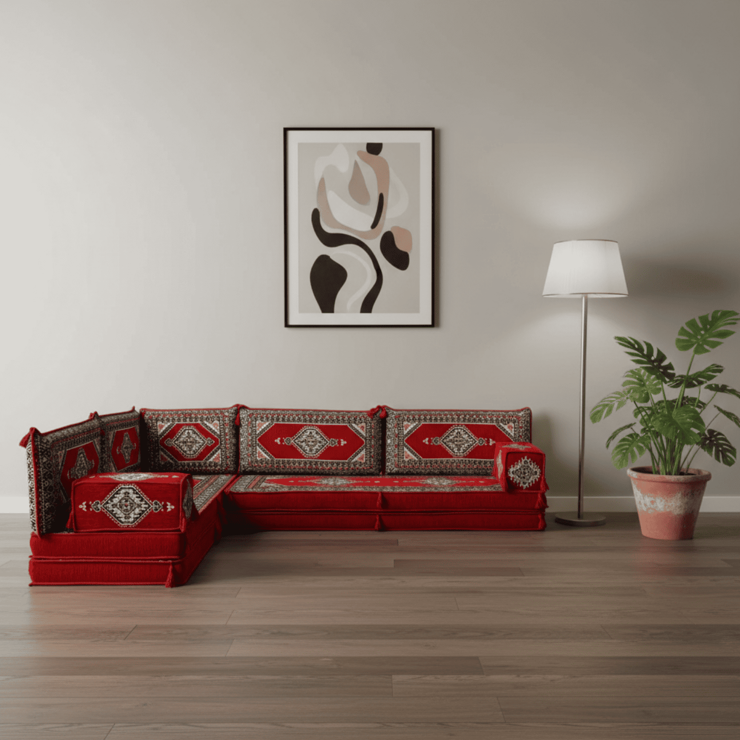 Arabic Floor Sofa Set – Red L Shaped Majlis Sectional with 8 Inch Cushions