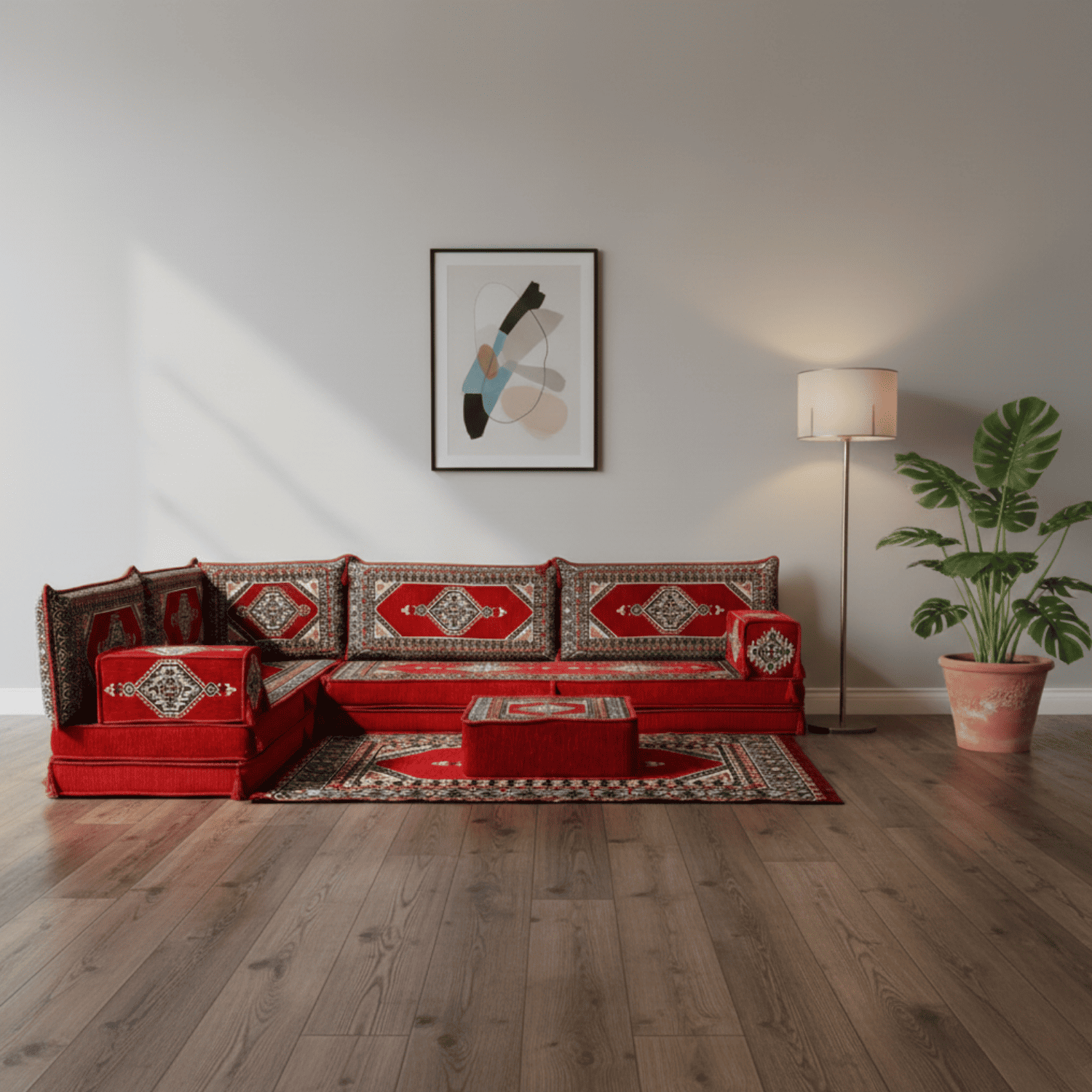 Arabic Floor Sofa Set – Red L Shaped Majlis Sectional with 8 Inch Cushions