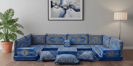 Arabic Floor Sofa Set – Blue U Shaped Majlis Sectional with 4 Inch Cushions