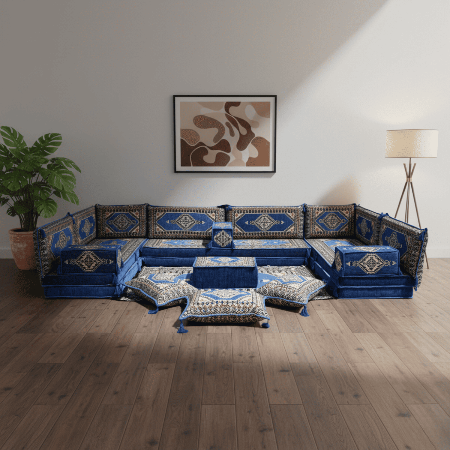 Arabic Floor Sofa Set – Blue U Shaped Majlis Sectional with 8 Inch Cushions