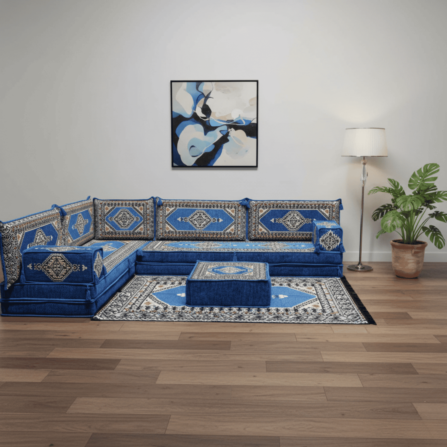 Arabic Floor Sofa Set – Blue L Shaped Majlis Sectional with 8 Inch Cushions