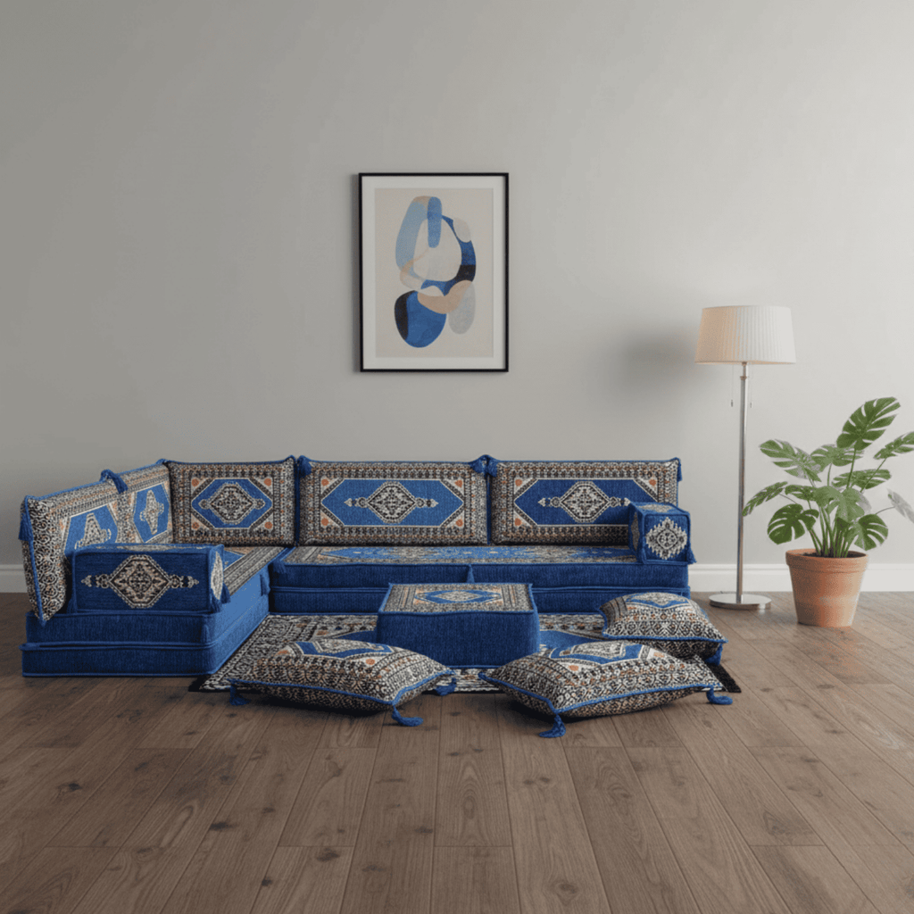 Arabic Floor Sofa Set – Blue L Shaped Majlis Sectional with 8 Inch Cushions