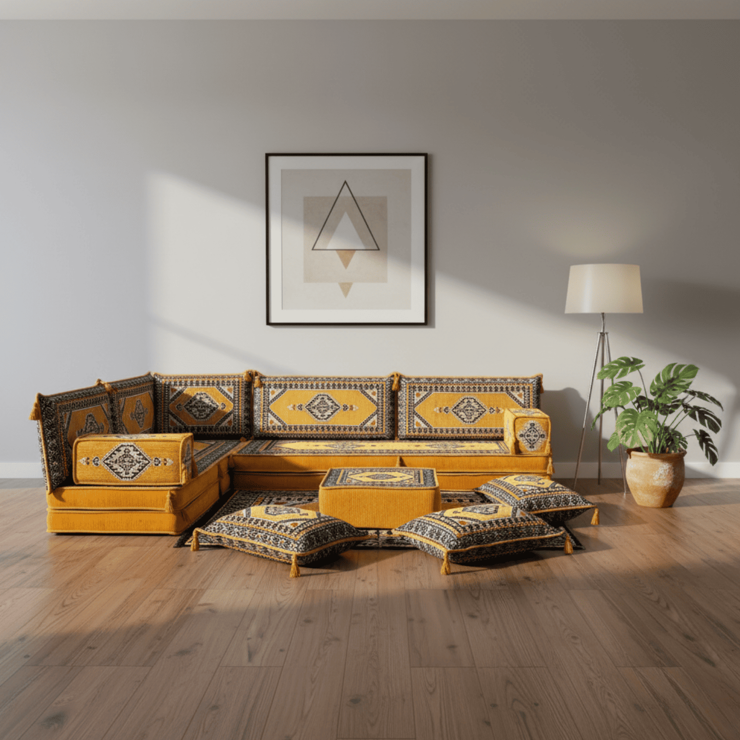 Arabic Floor Sofa Set – Yellow L Shaped Majlis Sectional with 8 Inch Cushions
