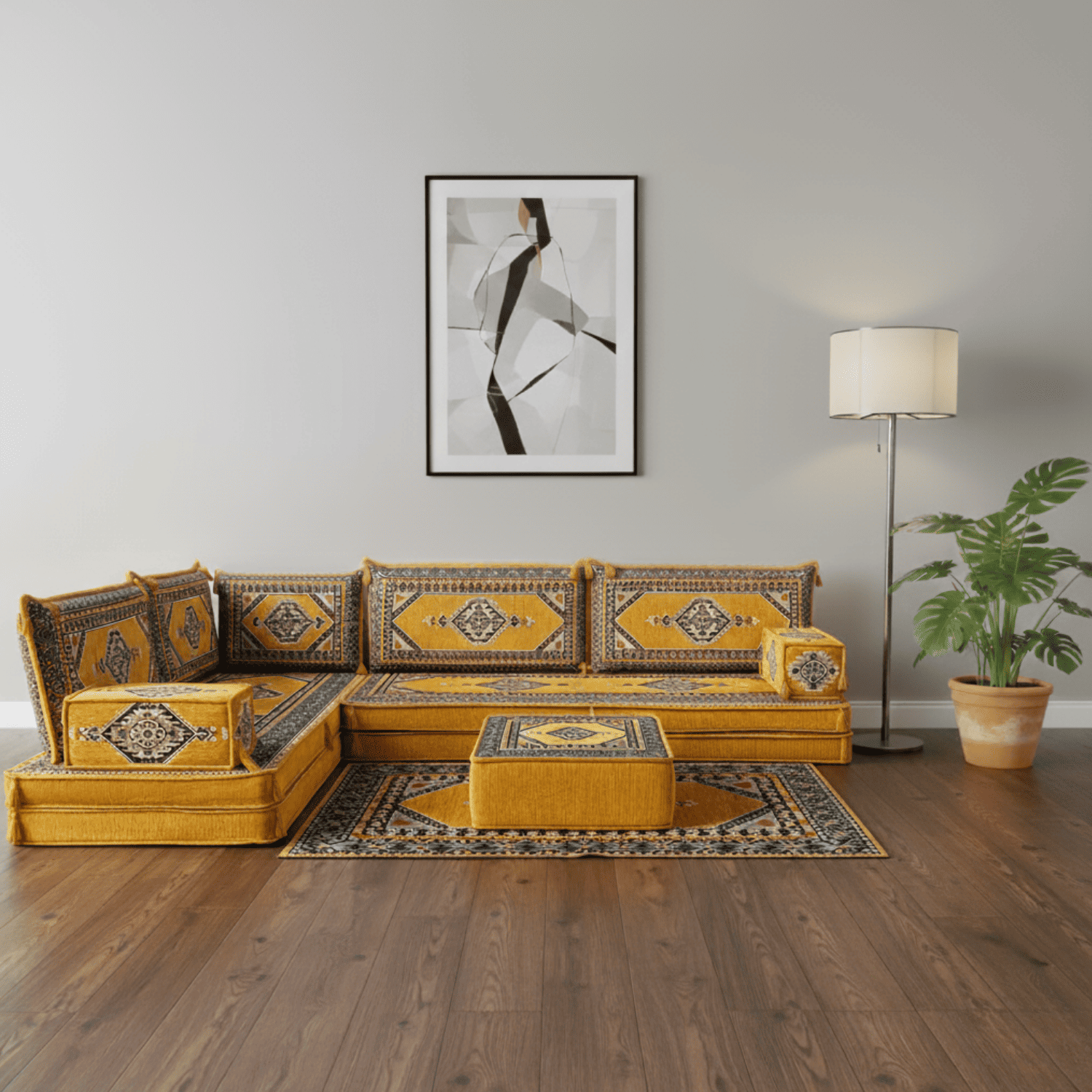 Arabic Floor Sofa Set – Yellow L Shaped Majlis Sectional with 8 Inch Cushions