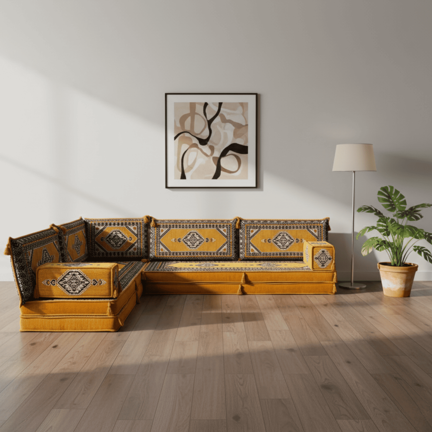 Arabic Floor Sofa Set – Yellow L Shaped Majlis Sectional with 8 Inch Cushions