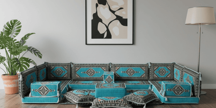 Arabic Floor Sofa Set – Turquoise U Shaped Majlis Sectional with 4 Inch Cushions