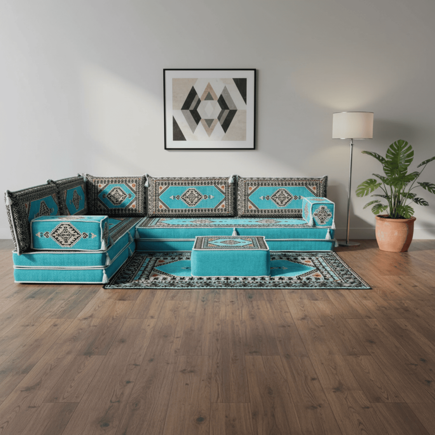 Arabic Floor Sofa Set – Turquoise L Shaped Majlis Sectional with 8 Inch Cushions