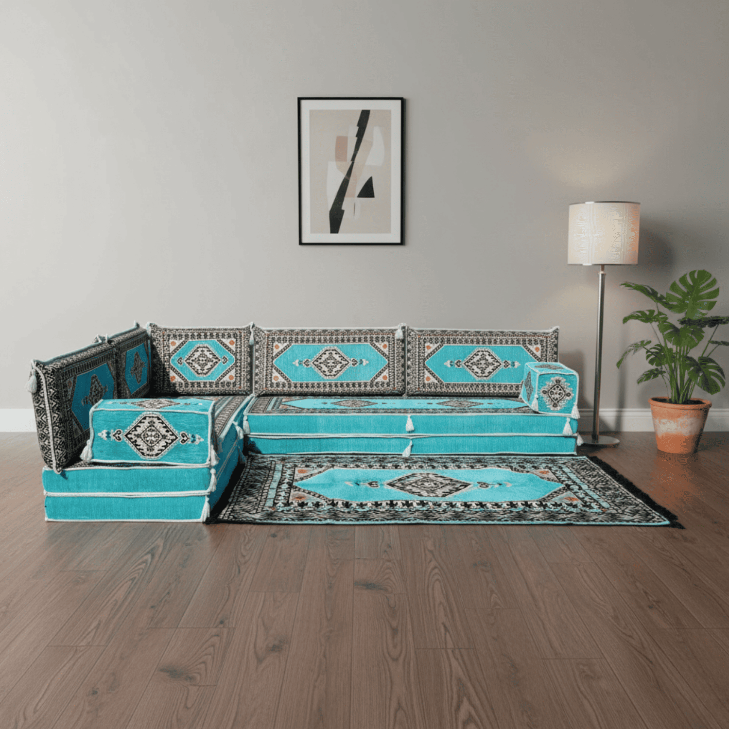 Arabic Floor Sofa Set – Turquoise L Shaped Majlis Sectional with 8 Inch Cushions