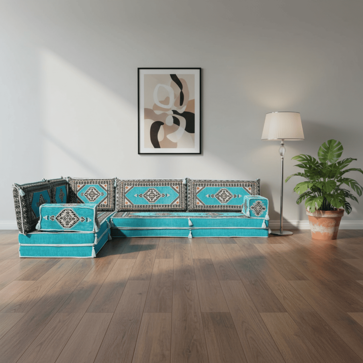 Arabic Floor Sofa Set – Turquoise L Shaped Majlis Sectional with 8 Inch Cushions