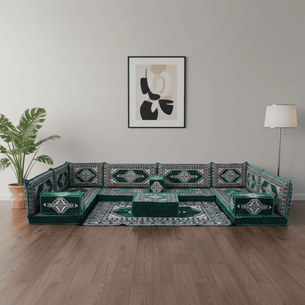 Arabic Floor Sofa Set – Green U Shaped Majlis Sectional with 4 Inch Cushions