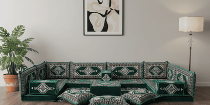 Arabic Floor Sofa Set – Green U Shaped Majlis Sectional with 4 Inch Cushions