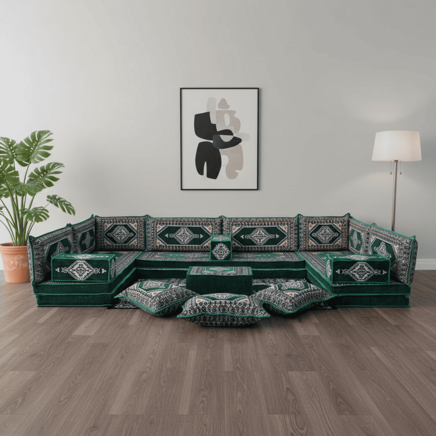 Arabic Floor Sofa Set – Green U Shaped Majlis Sectional with 8 Inch Cushions