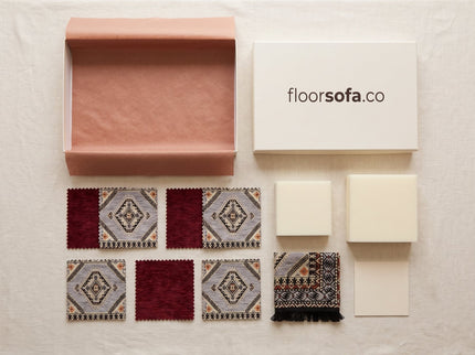 Everything inside the sample box laid flat: fabric swatches and a foam sample