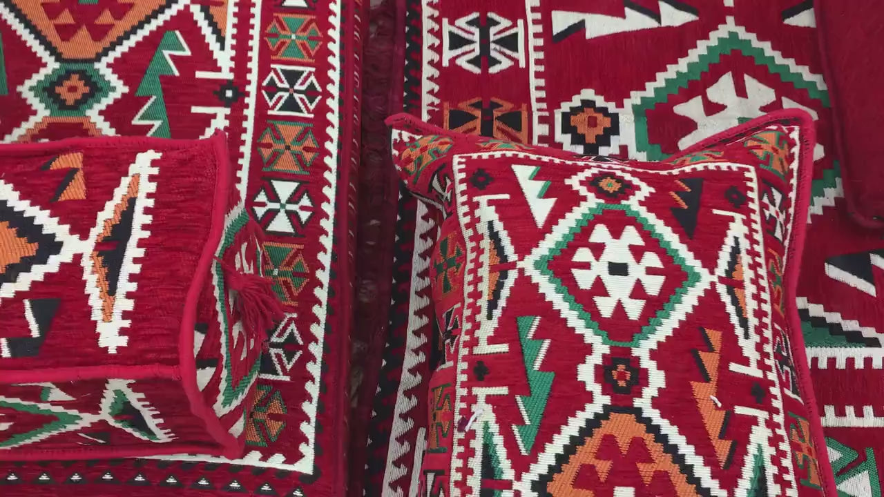 Arabic Floor Sofa Set – Red U Shaped Majlis Sectional with 8 Inch Cushions