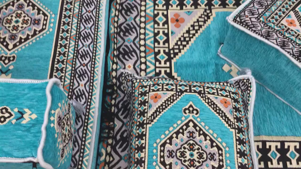 Arabic Floor Sofa Set – Turquoise L Shaped Majlis Sectional with 4 Inch Cushions