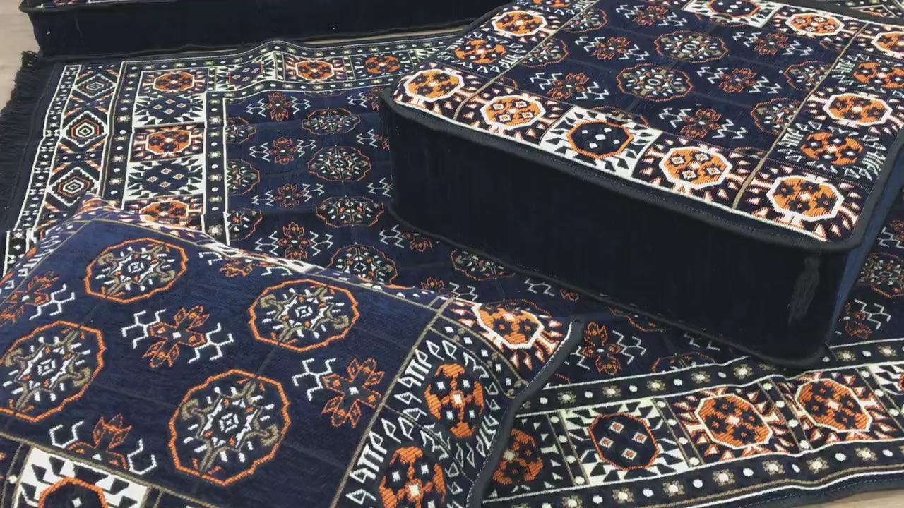 Arabic Floor Sofa Set – Navy U Shaped Majlis Sectional with 8 Inch Cushions